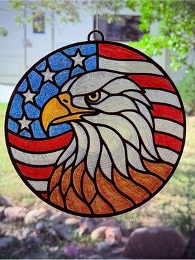 Eagle and Flag Suncatcher, Colored Stained Glass Window Decor, Pre-Colored